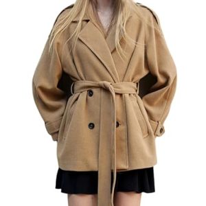Women's Wool Blend Pea Coat Notch Lapel Double Breasted Winter Loose Short Button Belt Outerwear Jacket