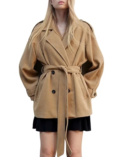 Women's Wool Blend Pea Coat Notch Lapel Double Breasted Winter Loose Short Button Belt Outerwear Jacket