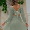 Women's 2025 Casual Long Lantern Sleeve Dresses Square Neck Ruffle Tie Back Elastic Waist Aline Short Mini Dress