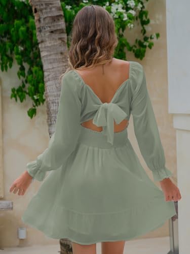 Women's 2025 Casual Long Lantern Sleeve Dresses Square Neck Ruffle Tie Back Elastic Waist Aline Short Mini Dress