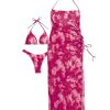 Women's 3 Piece Triangle Thong Swimsuit Tie Dye Bikini Set with Thigh Slit Cover Up Dress