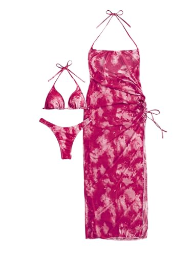 Women's 3 Piece Triangle Thong Swimsuit Tie Dye Bikini Set with Thigh Slit Cover Up Dress