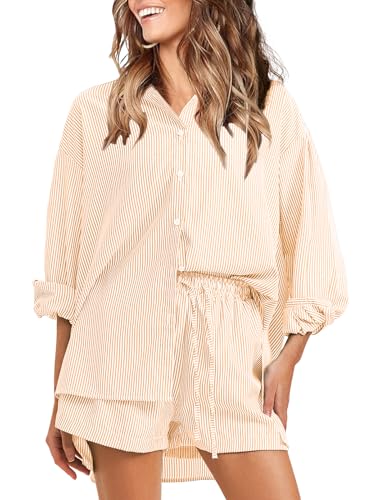 Women's Summer 2 Piece Sets Long Sleeve Button Down Shirts Matching Short Sets Beach Vacation Cruise Outfits 2025