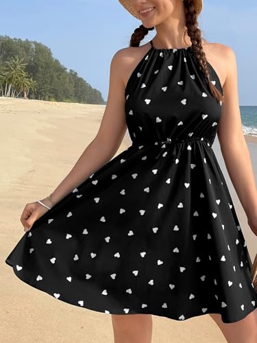 Girl's Summer Halter Neck Dress Heart Print Sleeveless A Line Flowy Short Sundress