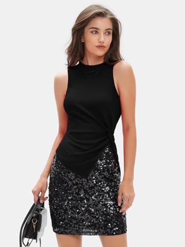 Women's Summer Sleeveless High Neck Tank Tops Sexy Twist Knot Asymmetrical Hem Shirts Going Out Top 2025