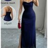 Women's Cowl Neck Mesh Maxi Dress Ruched High Slit Sexy Bodycon Cocktail Party Dress