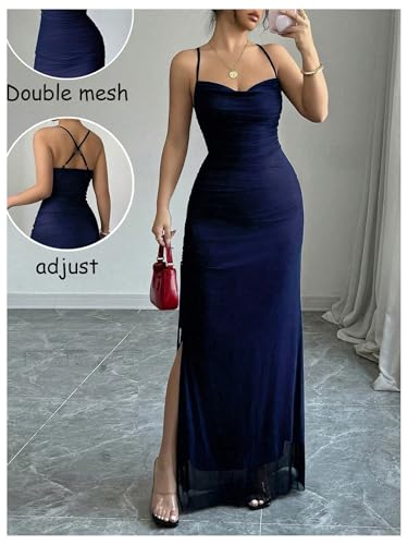 Women's Cowl Neck Mesh Maxi Dress Ruched High Slit Sexy Bodycon Cocktail Party Dress