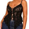 Women's Plus Size Sexy Open Front Lace Up Sheer Mesh Ruffle Trim Y2k Top Camisole Tank