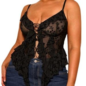 Women's Plus Size Sexy Open Front Lace Up Sheer Mesh Ruffle Trim Y2k Top Camisole Tank