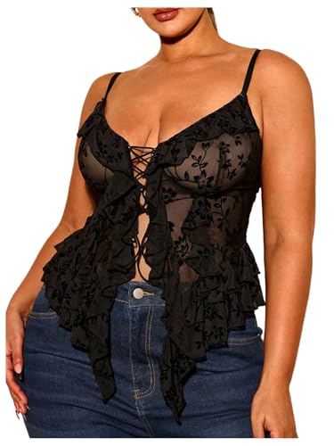Women's Plus Size Sexy Open Front Lace Up Sheer Mesh Ruffle Trim Y2k Top Camisole Tank