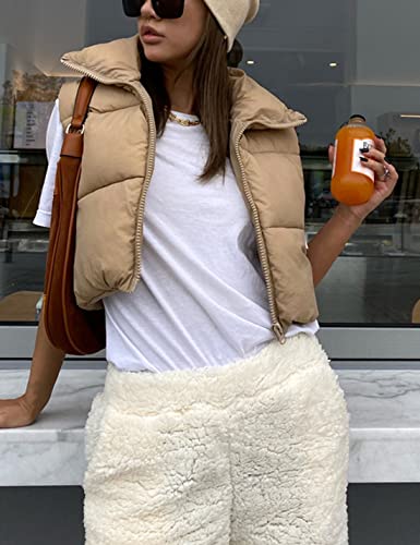 Women's Cropped Puffer Vest Zip Up Stand Collar Sleeveless Outerwear with Pockets