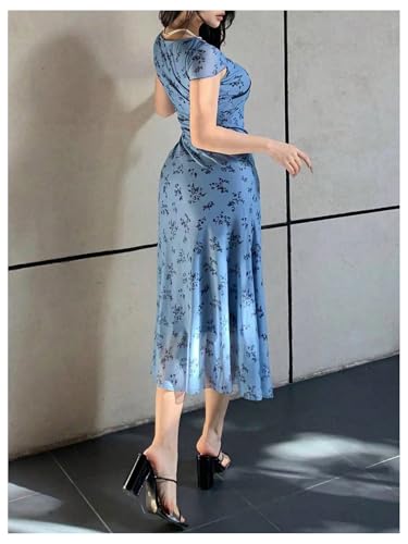 Women's Summer Floral Mesh Midi Dress Short Sleeve V Neck Fit and Flare Sundress