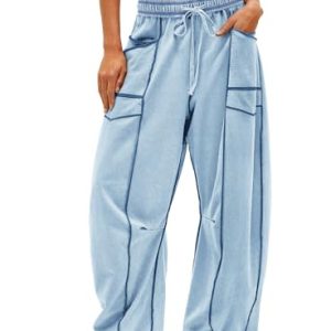 Womens Baggy Wide Leg Pants Casual Summer Palazzo Pants Drawstring Waist Barrel Sweatpants with Pockets