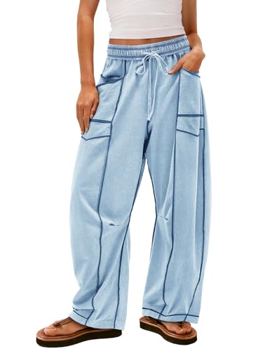 Womens Baggy Wide Leg Pants Casual Summer Palazzo Pants Drawstring Waist Barrel Sweatpants with Pockets