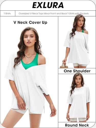 Women's Casual Oversized V Neck T-Shirts Tops Reversible Athletic Workout Crew Neck Fashion Trendy Tee