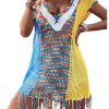 Women's Fringe Hem Color Block Knitted Crochet Swim Coverup Sheer Beach Dress