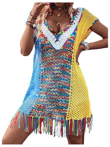Women's Fringe Hem Color Block Knitted Crochet Swim Coverup Sheer Beach Dress