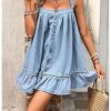 Women's Ruffle Hem Denim Mini Dress Sleeveless Button Up Flowy Jean Tank Dresses