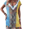 Women's Fringe Hem Color Block Knitted Crochet Swim Coverup Sheer Beach Dress