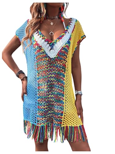 Women's Fringe Hem Color Block Knitted Crochet Swim Coverup Sheer Beach Dress