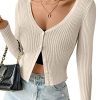 Women's Ribbed Knit Button Down V Neck Lightweight Cropped Cardigan Sweater