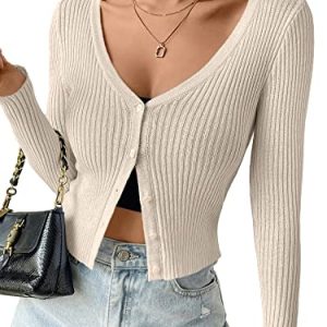 Women's Ribbed Knit Button Down V Neck Lightweight Cropped Cardigan Sweater