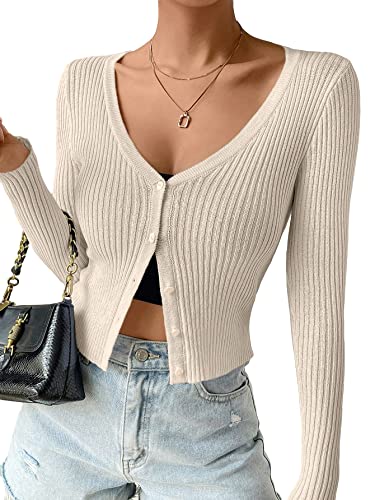 Women's Ribbed Knit Button Down V Neck Lightweight Cropped Cardigan Sweater