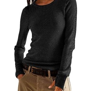 Women's Waffle Knit Tops Long Sleeve Shirts Casual Slim Fitted Crew Neck Pullover Shirts