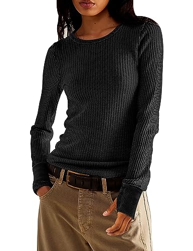 Women's Waffle Knit Tops Long Sleeve Shirts Casual Slim Fitted Crew Neck Pullover Shirts