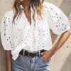 Women's Summer Tops 2025 Dressy Casual Short Sleeve V Neck Buttons Hollow Out Lace Embroidered Blouses Shirts