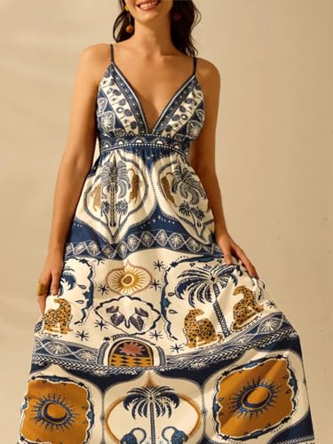 Women's Summer Tropical Floral Maxi Dress Spaghetti Strap V Neck Flowy Vacation Dresses