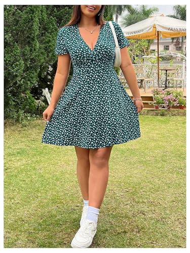 Women's Plus Size Floral Sundress V Neck A Line Flowy Short Sleeve Boho Cute Dress