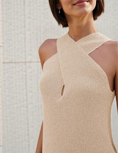 Women Halter Cross Over Collar Tank Knit Sleeveless Top Solid Color Casual Summer Blouse