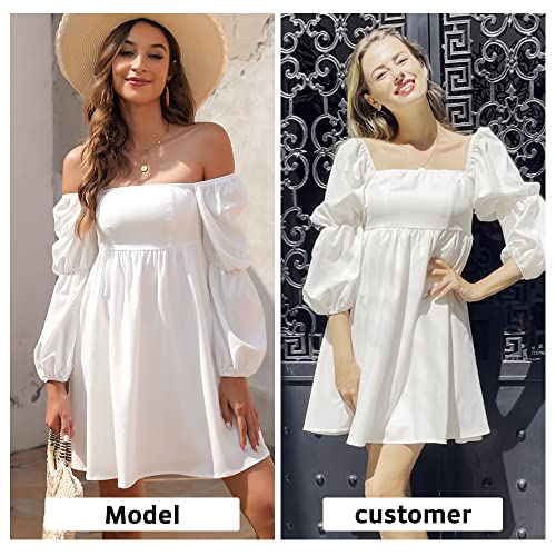 Womens 2025 Square Neck Dress Long Puff Sleeve A-Line Casual Short Mini Dresses