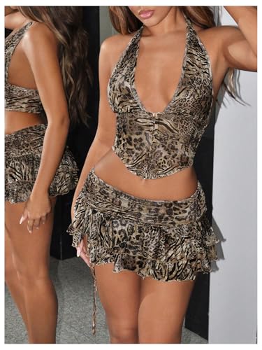 Women's Sexy Y2k 2 Piece Outfits Leopard Halter Backless Crop Top Layered Ruffle Mini Skirt Set