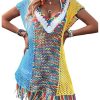 Women's Fringe Hem Color Block Knitted Crochet Swim Coverup Sheer Beach Dress