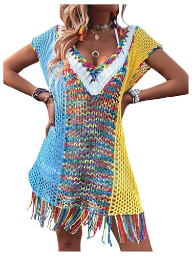Women's Fringe Hem Color Block Knitted Crochet Swim Coverup Sheer Beach Dress