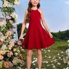 Girl's Scallop Trim Halter Sleeveless Flare Hem Solid A Line Mini Dress