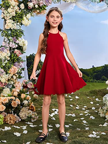 Girl's Scallop Trim Halter Sleeveless Flare Hem Solid A Line Mini Dress
