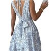 Women's Summer Floral Square Neck Tie Back Bow A Line Fit and Flare Flowy Boho Dress