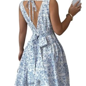 Women's Summer Floral Square Neck Tie Back Bow A Line Fit and Flare Flowy Boho Dress