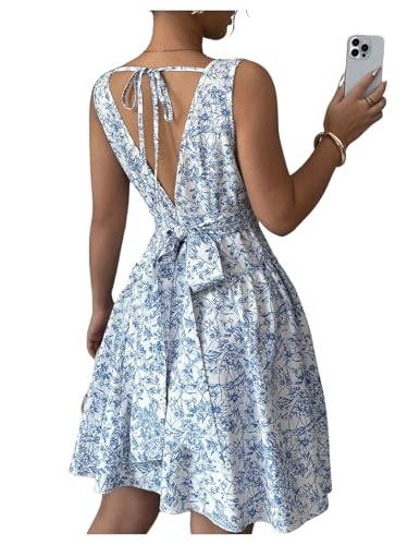 Women's Summer Floral Square Neck Tie Back Bow A Line Fit and Flare Flowy Boho Dress