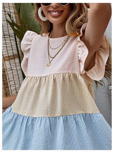 Women's Summer Ruffle Cap Sleeve Color Block Tiered Flowy Babydoll Mini Dress Sundress