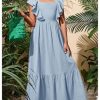 Girl's Summer Tie Back Bow Flutter Sleeve Square Neck Ruffle Hem Swing Maxi Dress
