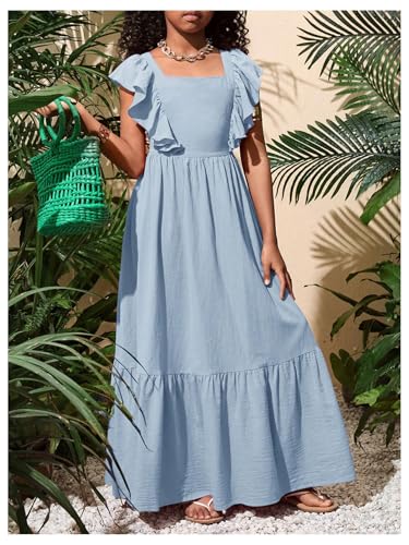 Girl's Summer Tie Back Bow Flutter Sleeve Square Neck Ruffle Hem Swing Maxi Dress