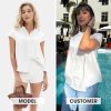 Women's 2025 Summer Cap Sleeve Tops Loose Button Down Dress Shirt Casual V Neck Pleated Textured Work Blouse