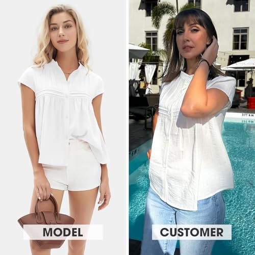 Women's 2025 Summer Cap Sleeve Tops Loose Button Down Dress Shirt Casual V Neck Pleated Textured Work Blouse