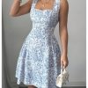 Women's Summer Floral Square Neck Tie Back Bow A Line Fit and Flare Flowy Boho Dress