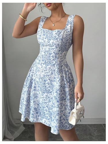 Women's Summer Floral Square Neck Tie Back Bow A Line Fit and Flare Flowy Boho Dress