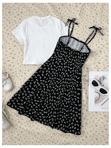 Girl's Floral Tie Shoulder Dress Flowy Boho Short Sundress with Short Sleeve Knit Tee